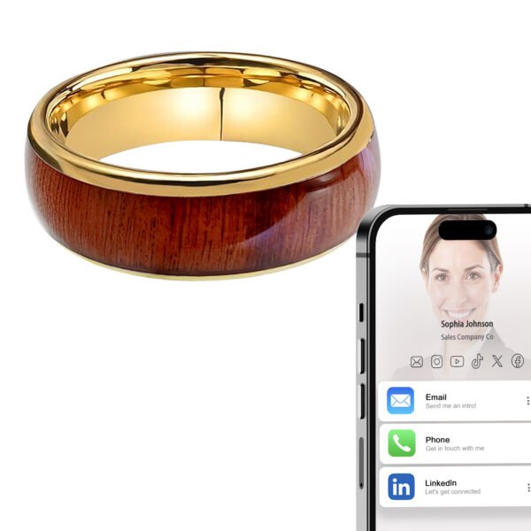 Gold-Plated Koa Wood Inlay Digital Business Card Ceramic Ring