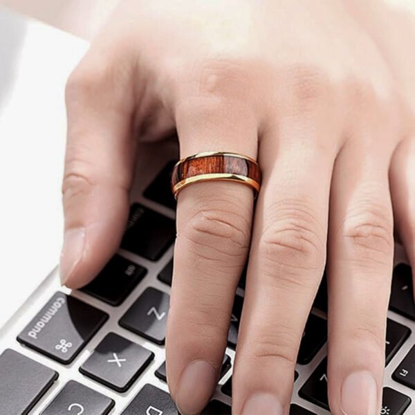 Gold-Plated Koa Wood Inlay Digital Business Card Ceramic Ring
